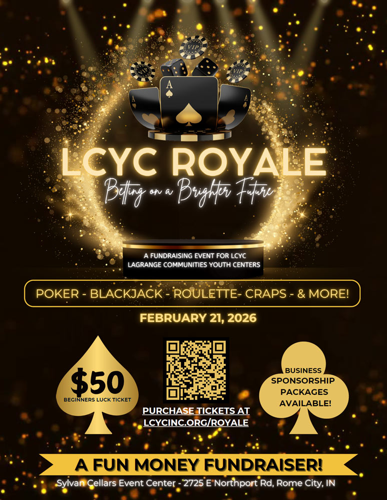 2025 LCYC Royale: Betting on a Brighter Future. Fundraising event for LaGrange Communities Youth Centers including poker, blackjack, roulette, craps, and more!